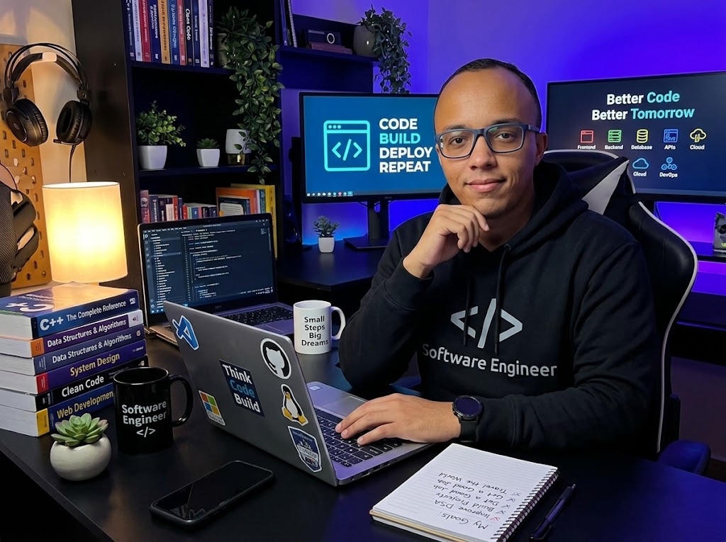 Cristiano Angelo em seu escritório de desenvolvimento web