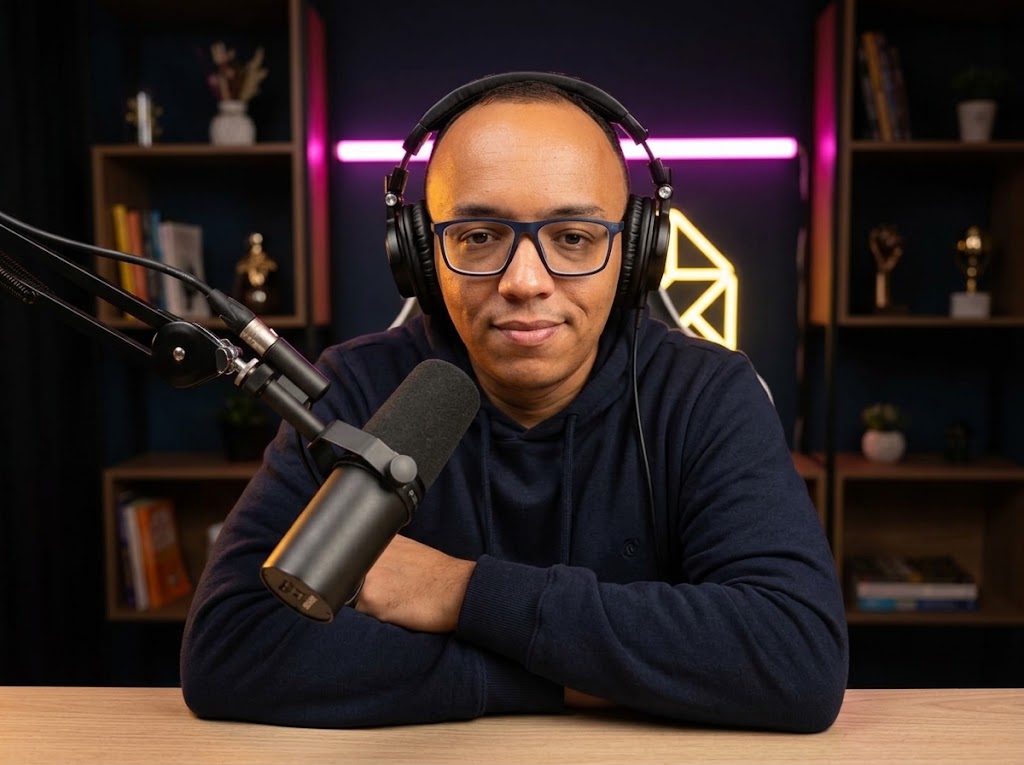 Cristiano Angelo em atendimento direto, diante de um microfone